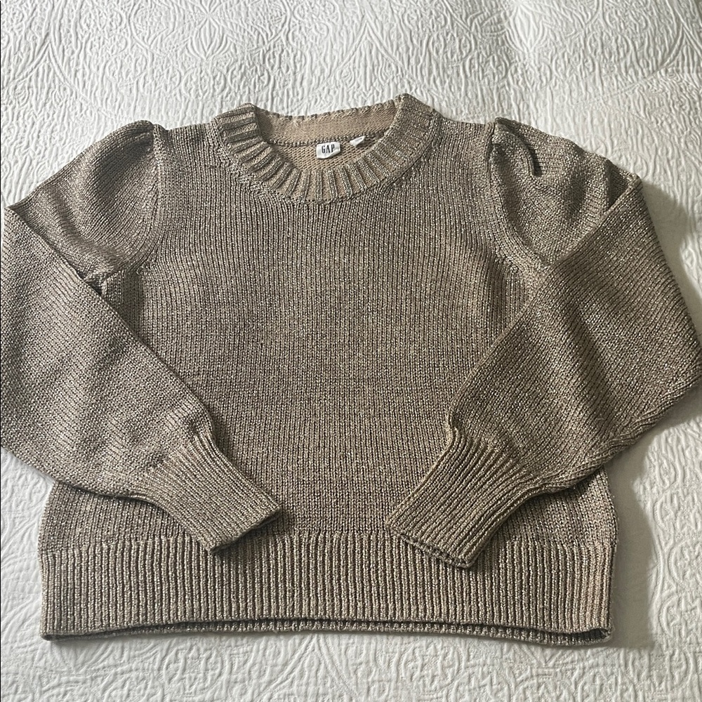 GAP Gold Shimmer Sweater with Puff Sleeves, Size Medium